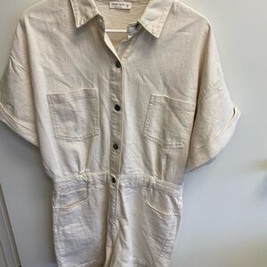 Miss Love Cream Button-Front Short-Sleeve Utility Jumpsuit